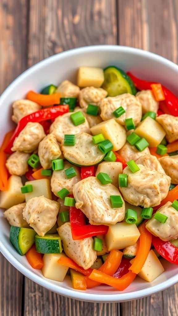 Zucchini and Chicken Stir-Fry Recipe for Optavia Lean and Green Zucchini and chicken stir-fry with bell peppers, garnished with green onions, in a white bowl on a wooden table.
